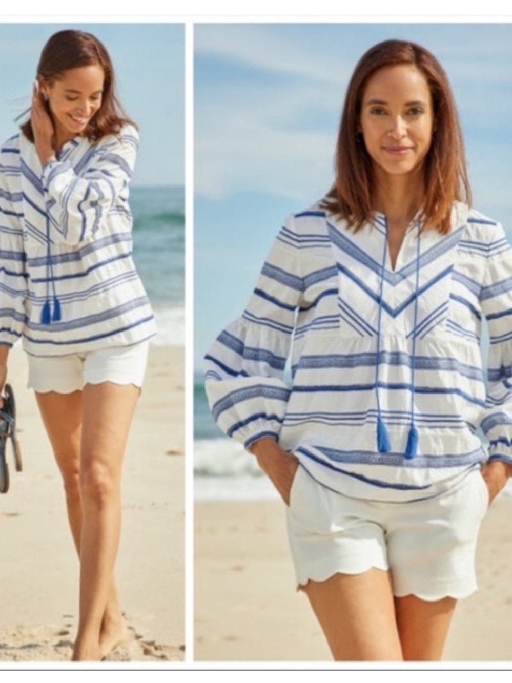 J. McLaughlin Portofino Peasant Blouse Blue and White Boho Small Beach